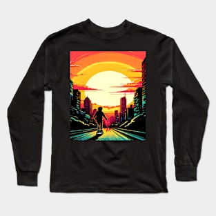 Skateboarding Sunset Ride, Sports Graphic Design Long Sleeve T-Shirt
